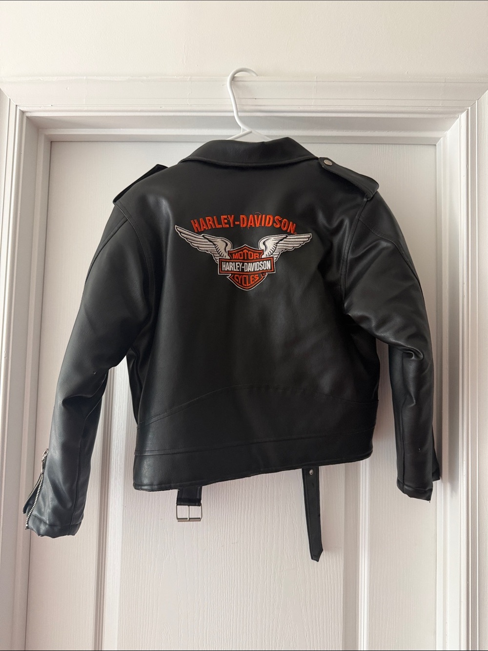 Harley-Davidson Black Leather-Look Kids Moto Jacket with Orange Patch - Picture 2 of 3